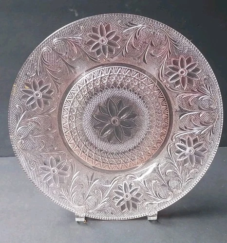 Vintage Indiana Glass Pink Sandwich Floral 10.5” Platter Daisy Scroll