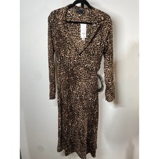 ASOS DESIGN Women's Midi Wrap Dress With Belt in Leopard Print Size 6 Brown NEW