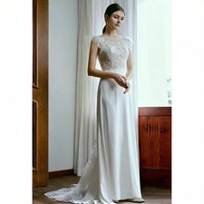 A-Line Elegant Chiffon Lace Wedding Dress High Backless Bride Gown Customized