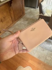 Coach Pink Double Zip Wristlet Wallet, Solid Logo Accent, Credit Card Slots