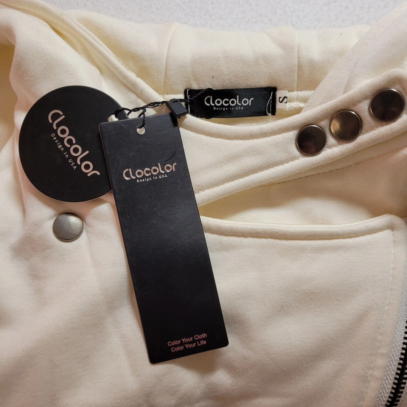 OFF WHITE Felpa donna moto con cappuccio piccola nuova con etichetta zip tasche panna minimalista spigolosa