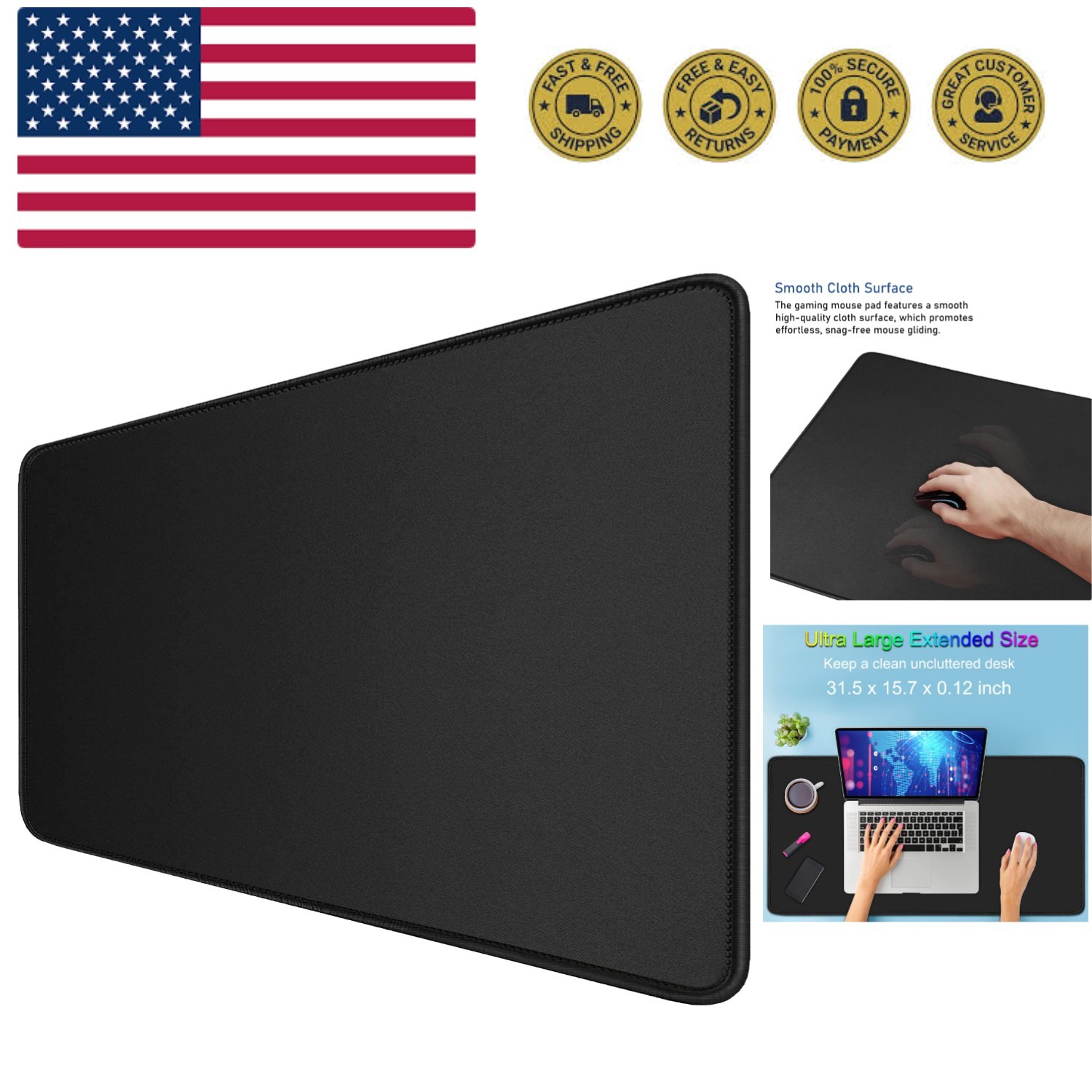 Large Extended Gaming Mouse Pad with Stitched Edges, 31.5X15.7In Durable Non-...