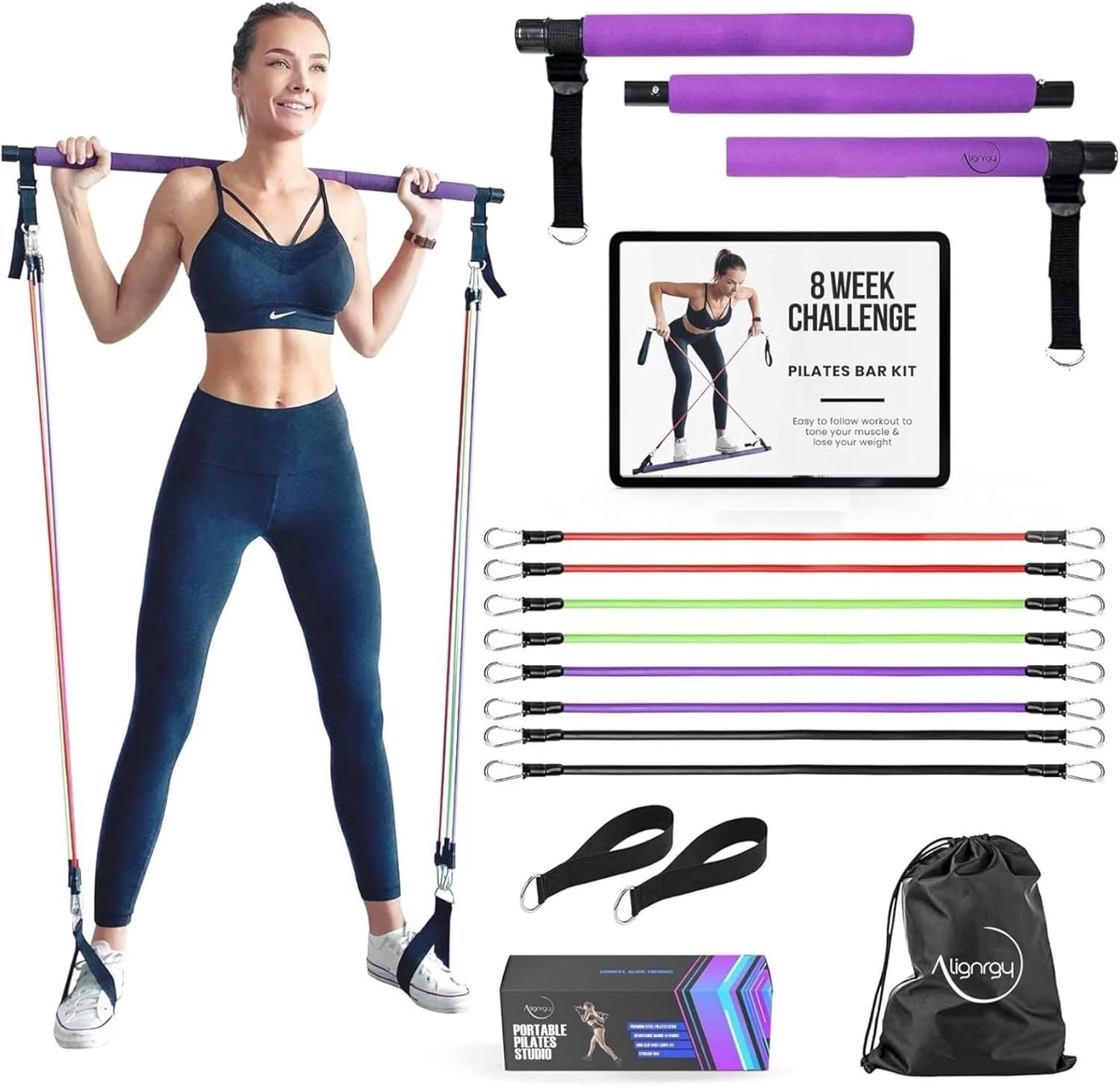 Portable Pilates Bar Kit with Resistance Bands (20, 30, 40, 50 LBS) – Adjustable