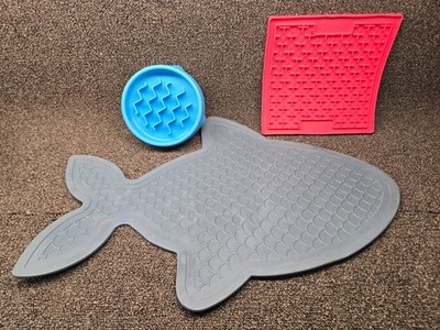 LOT of 3 Cat Feeding Mats - LickiMat, Outward Hound bowl, and Fish-Shaped Mat