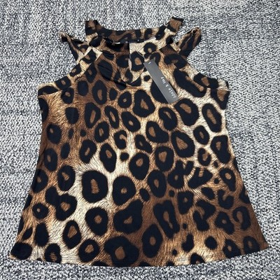 Adele & May Women s Medium Leopard Print Cold Shoulder Ruffle Sleeveless Blouse