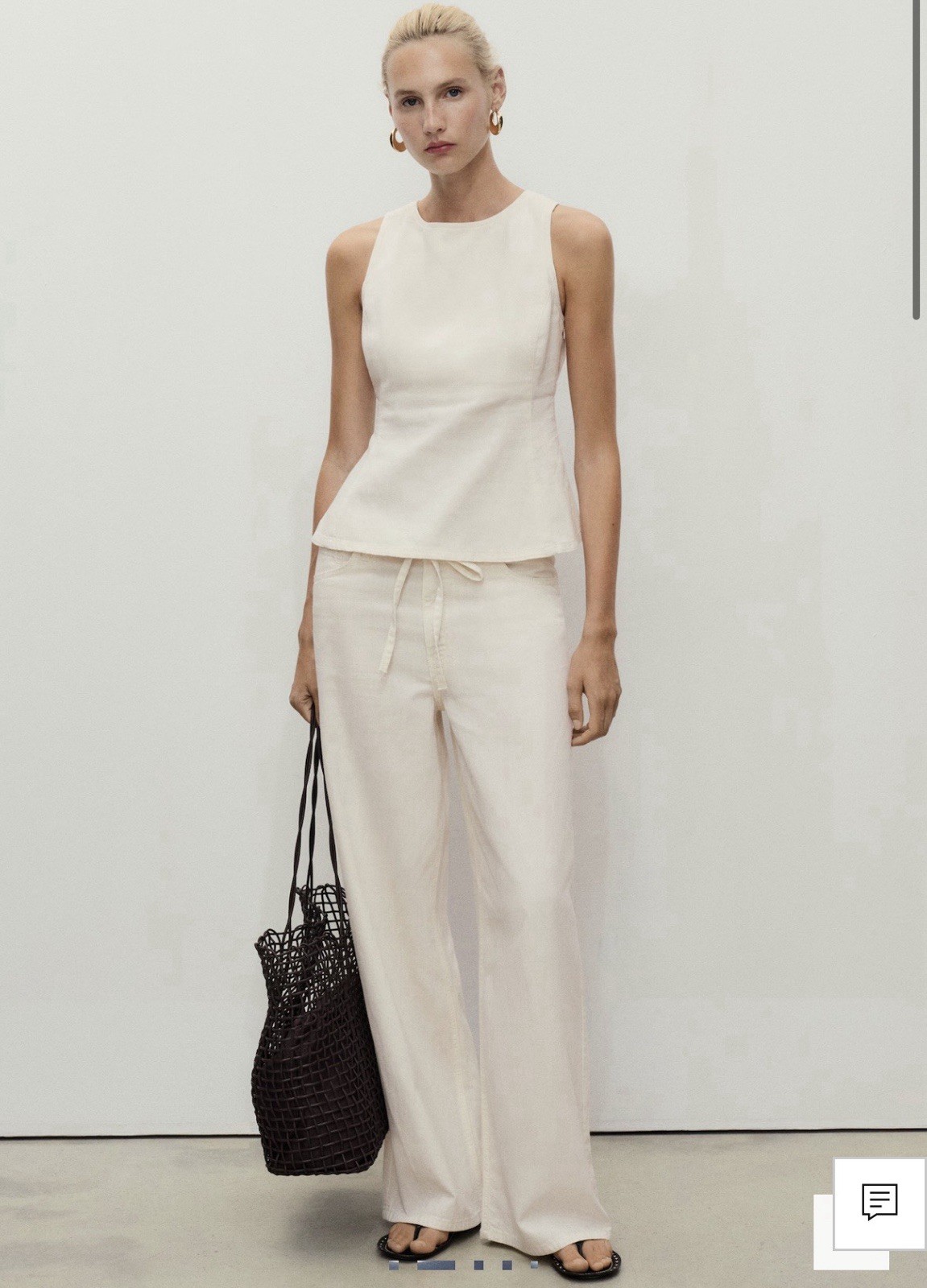 Mango Ivory Cotton Wide-Leg Drawstring Women's Pants with Pockets thumbnail 2