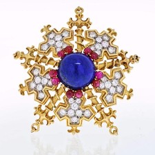 Tiffany & Co. 18K Yellow Gold Snowflake With Lapis, Rubies And Diamonds Brooch