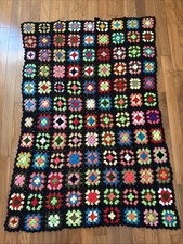 Handmade Vtg Crochet Granny Square Afghan Blanket Black 42x60 Multicolor 1970s