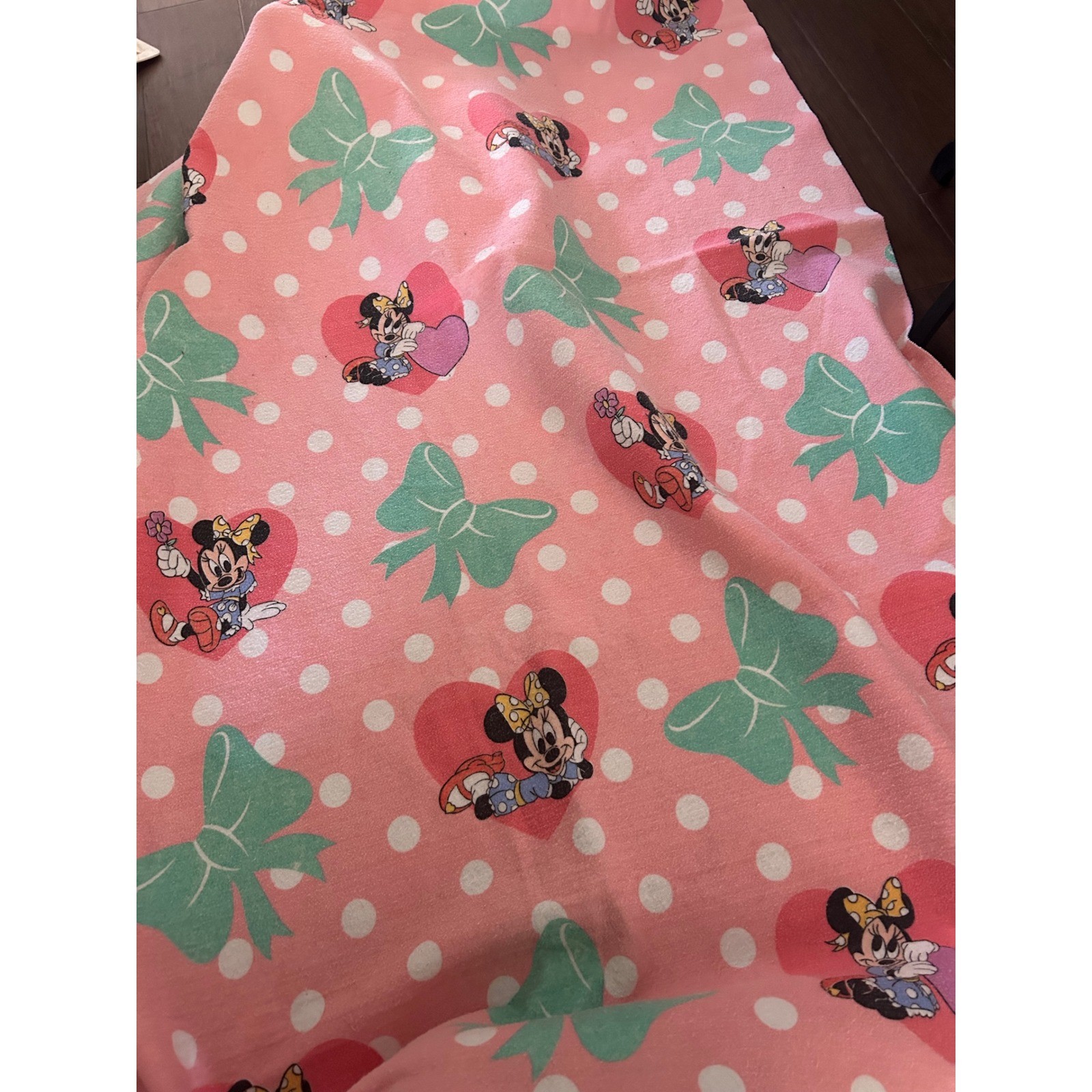 RARE Vintage Disney Minnie Mouse Pink Fleece Blanket Bows Polka Dots USA twin