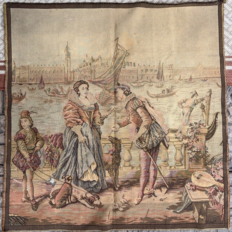 Vintage French or Flemish Courting Couples Tapestry Pastoral Scene 39 x40”