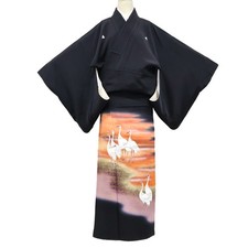 Japanese Vintage Kimono Tomesode Silk Crane 5 Crests Made in Japan eb-2362