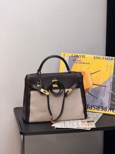 Hermes Kelly 32 Top Handle Crossbody Bag Canvas & Togo Leather Black Gold Auth