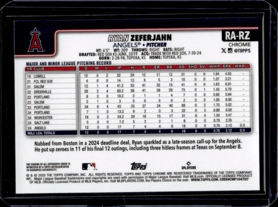 2025 Topps Chrome Ryan Zeferjahn Rookie Auto RC Purple Refractor #145/250 Angels - Image 2 of 2