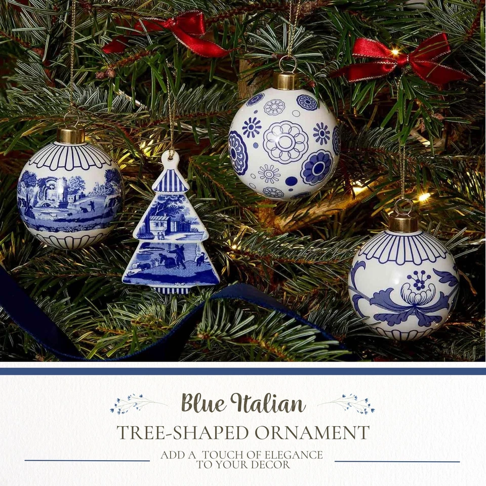 Adorno en forma de árbol italiano azul Spode, adornos colgantes para decoración navideña Foto 2 de 4