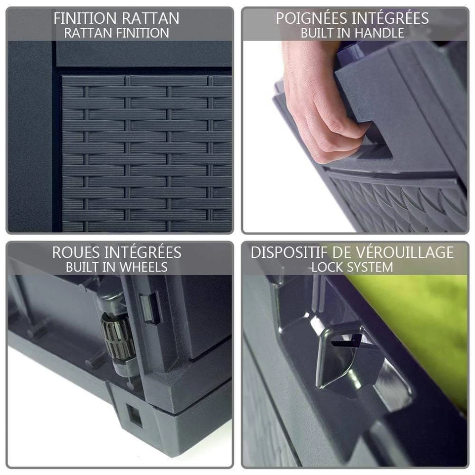 VOUNOT Coffre de Rangement Exterieur 310L en PP 119x48x60CM Polyrotin Anthracite - Photo 3/4
