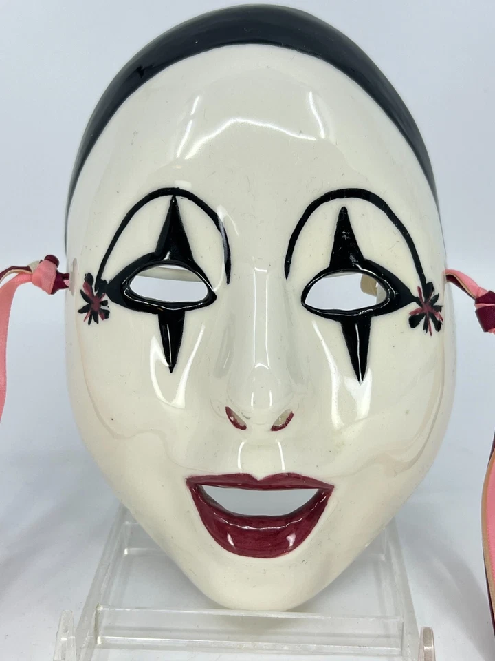 1980s Porcelain Masquerade Mask Hand-Made Hand-Painted Star Eyes Pink Ribbons - Image 2 of 4