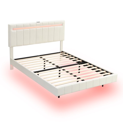 Queen Size Floating Bed Frame with LED Lights USB Upholstered Platform Bed Frame - Picture 7 of 16