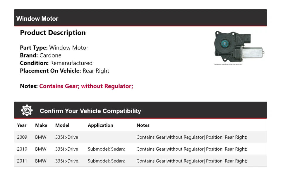 Para BMW 335i xDrive 2009-2011 Ventana Motor Trasero Derecho Cardone 2010 Foto 2 de 4