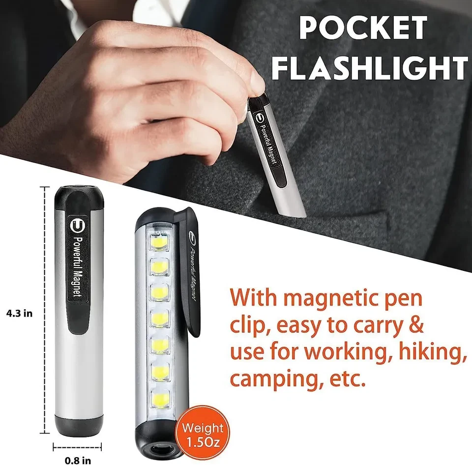 Magnetic Pen Flashlight Pocket Worklight Torch LED Penlight Rechargeable w/ Clip - Image 2 of 4