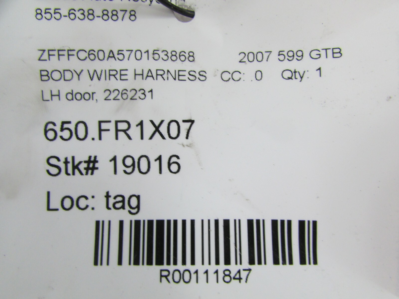 Ferrari 599 GTB, LH, Left Door Harness, Used, P/N 226231