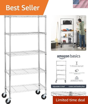 Adjustable 5-Shelf Heavy-Duty Shelving Unit with Wheels - Quick Tool-Free Setup