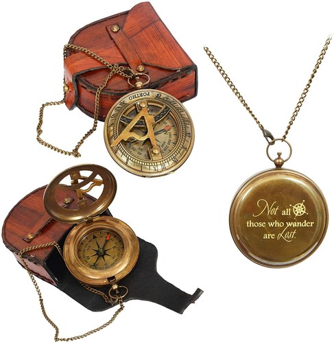 Antique Brass Engraved Sundial Compass w/ Leather case Adventurer Traveler Gift - 第 2/5 張圖片