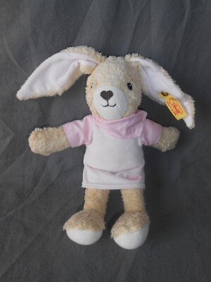 STEIFF HASE KLEID ROSA GESTREIFT MIT KNOPF UND FAHNE