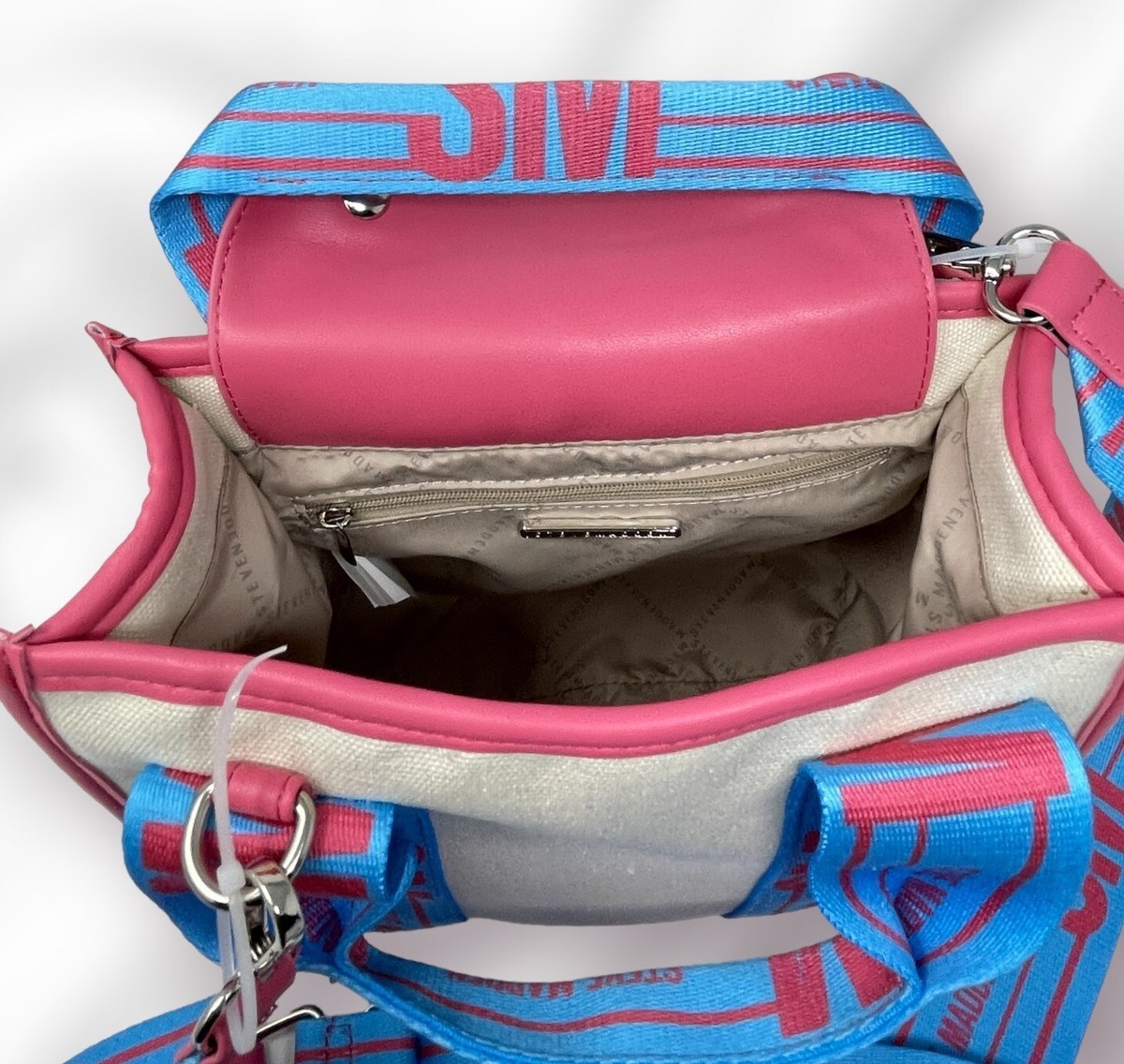 Steve Madden Cream Pink Blue Tik Tok Canvas Tote Bag Crossbody