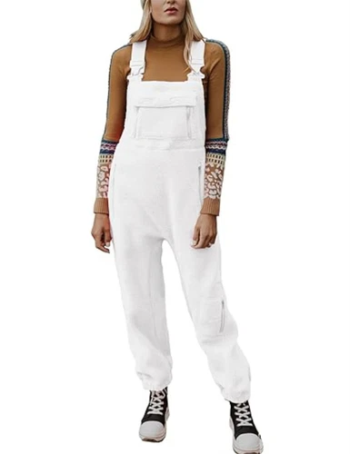 Women Fuzzy Fleece Overall Jumpsuits Casual Loose Fit Winter Sherpa Bib Overalls - Picture 15 of 24