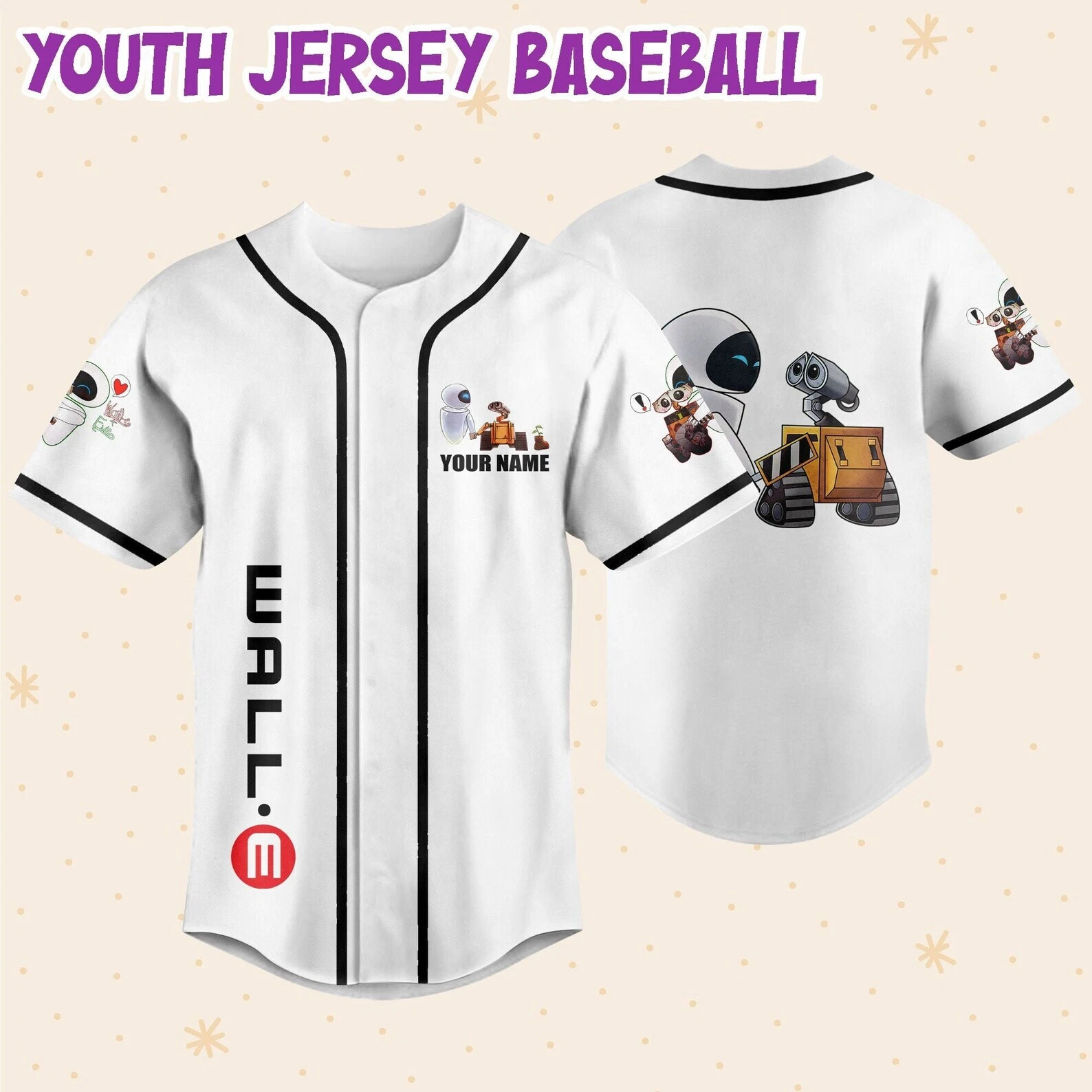 Personalized Disney Pixar WALL-E And EVE Couple Custom Kids Gift Baseball Jersey