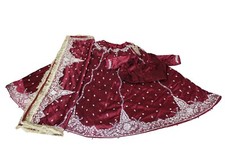 INDIAN PAKISTANI PRE-OWNED BRIDAL SATIN MAROON LEHNGA CHOLI DUPATTA ZARDOSI WORK