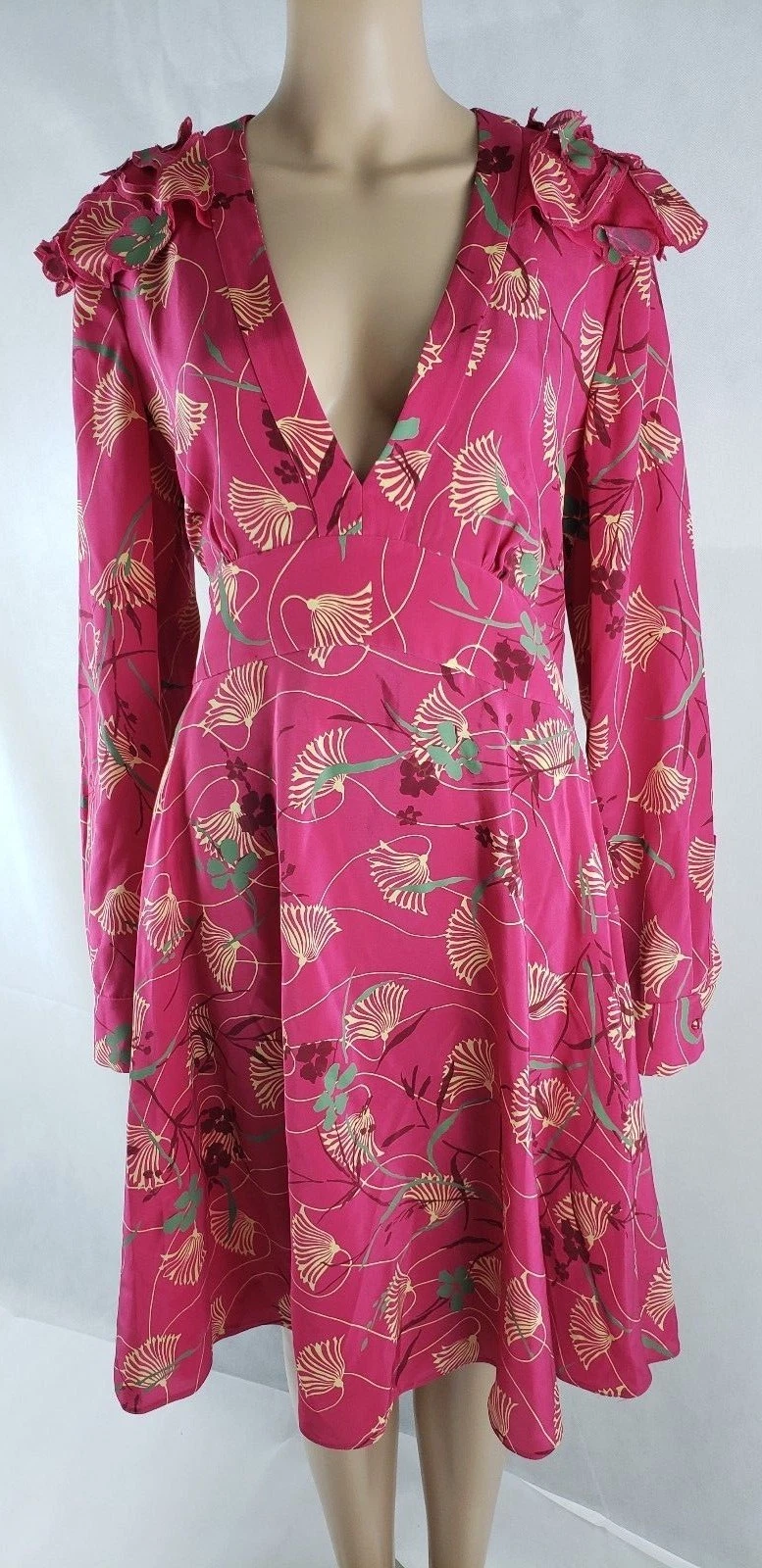 Abito Valentino nuovo con etichetta stampa loto seta scollo a V rosa taglia 12 $4980