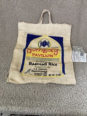 Bombay Pavilion Indian Basmati Rice Burlap Bag Zip Close + Handle-  Empty