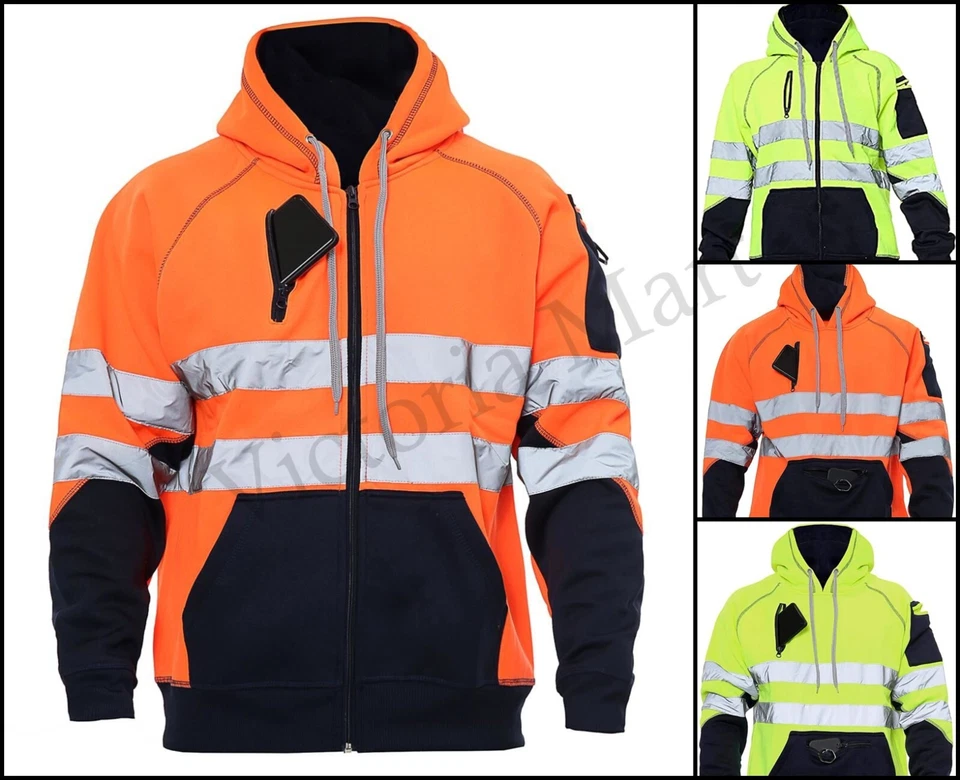 Hi Viz Vis High Visibility Hoodie Work Jacket 3 Zip SweatShirt Fleece Hooded Top