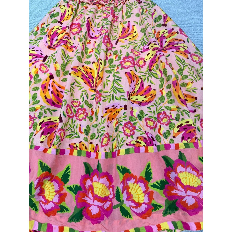 Farm Rio Pink Banana Floral Smocked Midi Dress Puff Sleeve Tassel Size ...