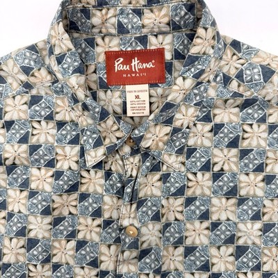 Pau Hana Hawaii Button Down Shirt Mens XL Blue Floral Tile Print Short Sleeve