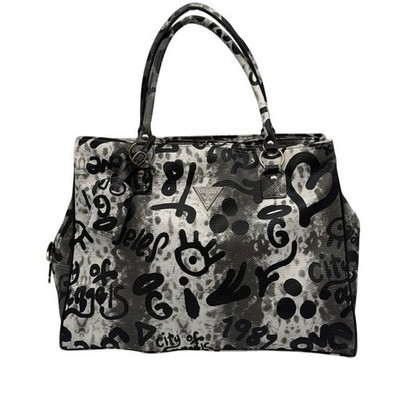 Guess Graffiti Print Satchel Bag Black White Snakeskin Embossed Tote Luggage Tag