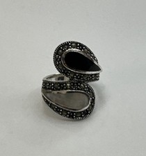Vintage 925 Sterling Silver Marcasite Ring With Onyx Mother Of Pearl Stones