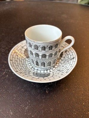 Fornasetti Milano Italy Architectural Espresso Cup Saucer Black White Demitasse