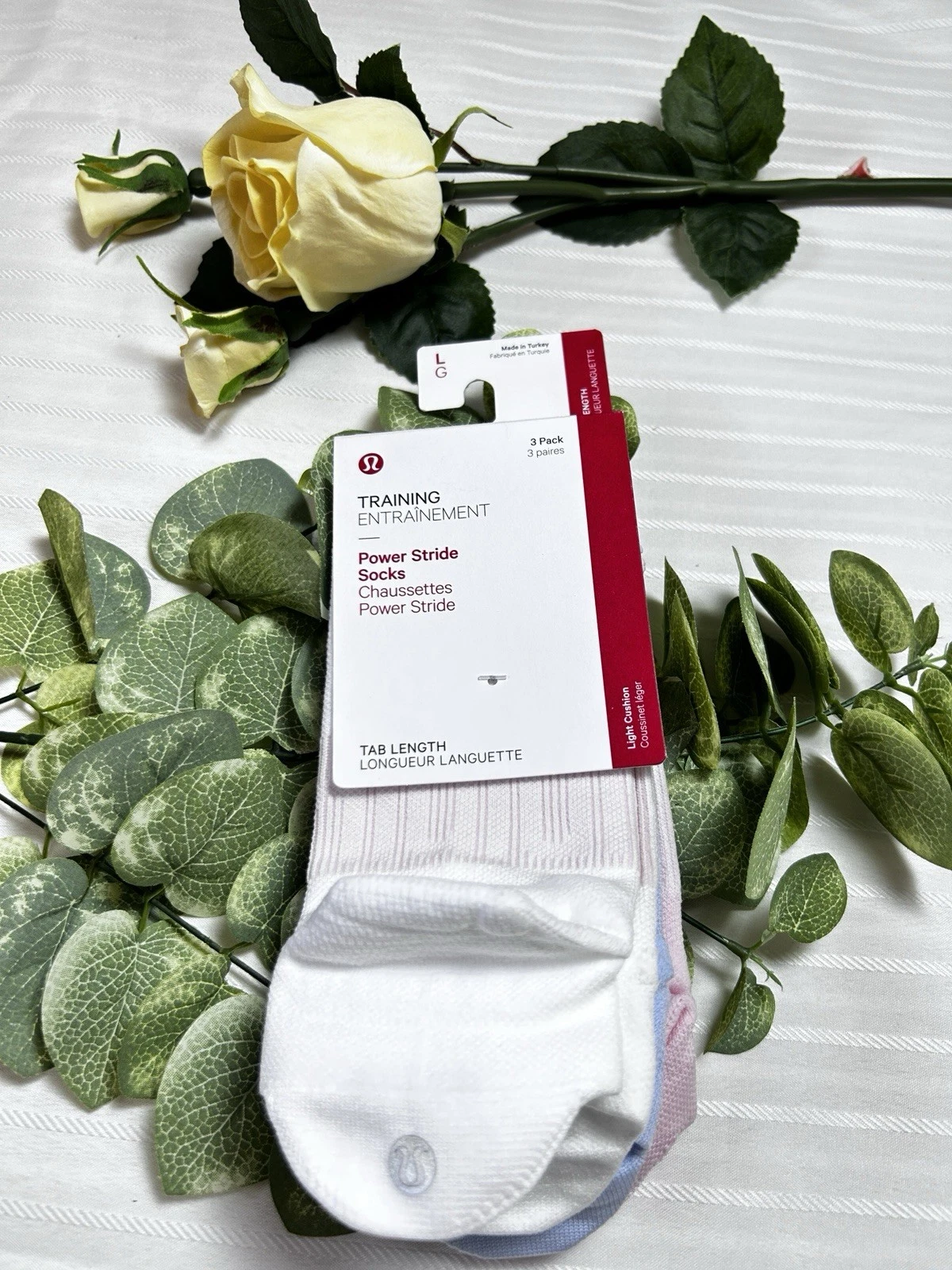 NWT$38 Lululemon Power Stride Tab Socks 3 Pack - WHT/WNDM/STMI- Size L