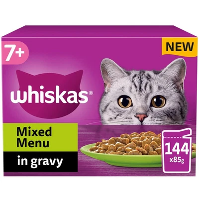 144 x 85g Whiskas 7+ Mixed Menu Senior Wet Cat Food Pouches in Gravy (12 BOXS)