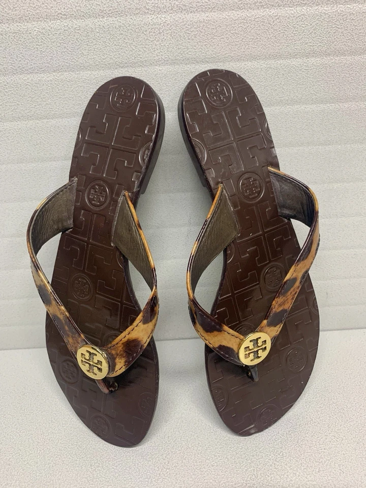 Chanclas Tory Burch Thora de cuero marrón con estampado de leopardo para mujer talla 6M Foto 2 de 4