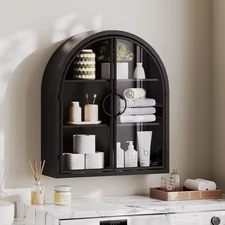 Retro Arch Metal Frame Wall Cabinet Space-Saving Medicine Cabinet w/ Ring Handle