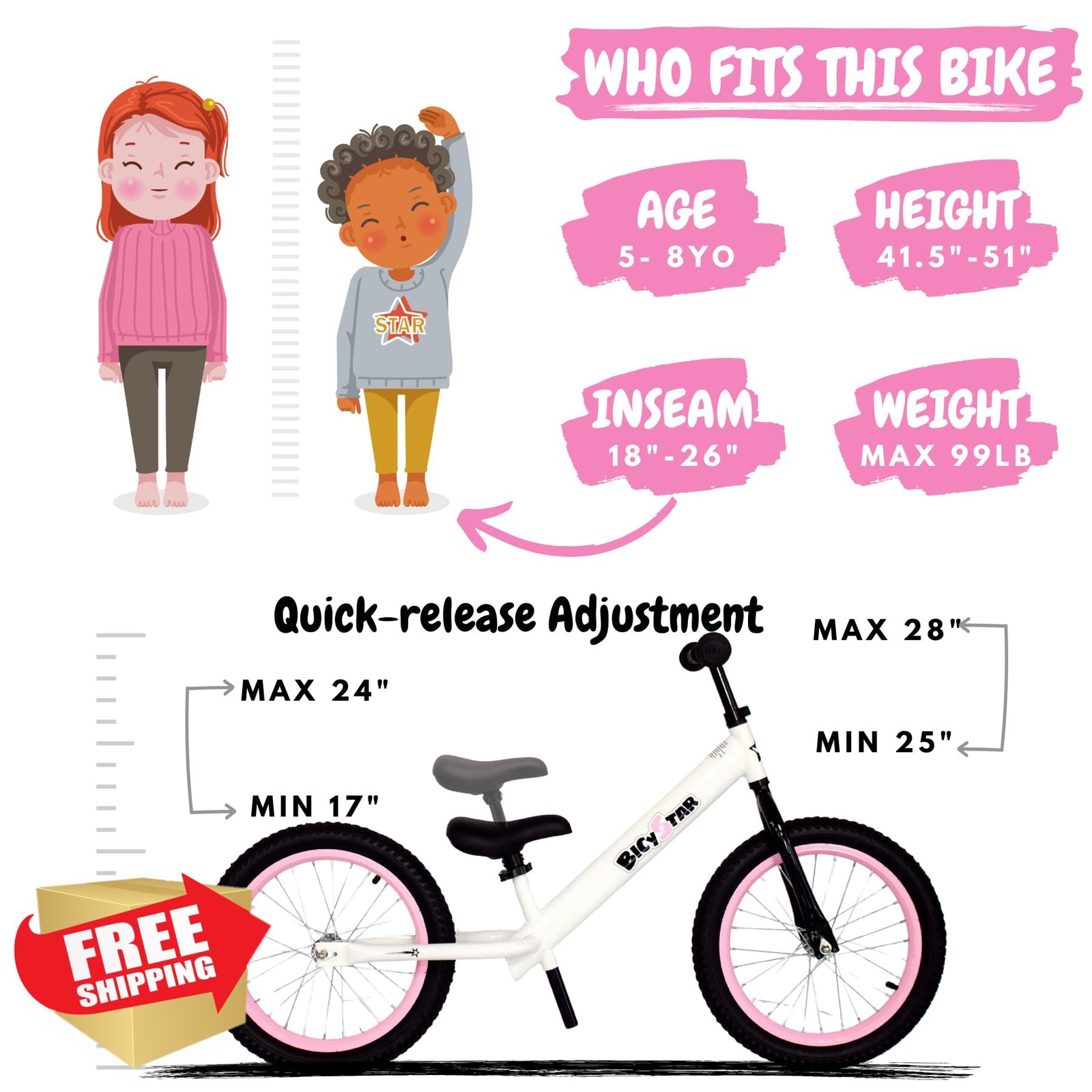Bicystar 16" Kids Balance Bike 5-8 Yr Old, No Pedals, Air Ti
