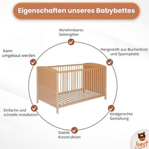 best for kids Kinderbett Babybett Umbaubar Juniorbett 140 x 70 Buche Massivholz - Bild 5 von 10