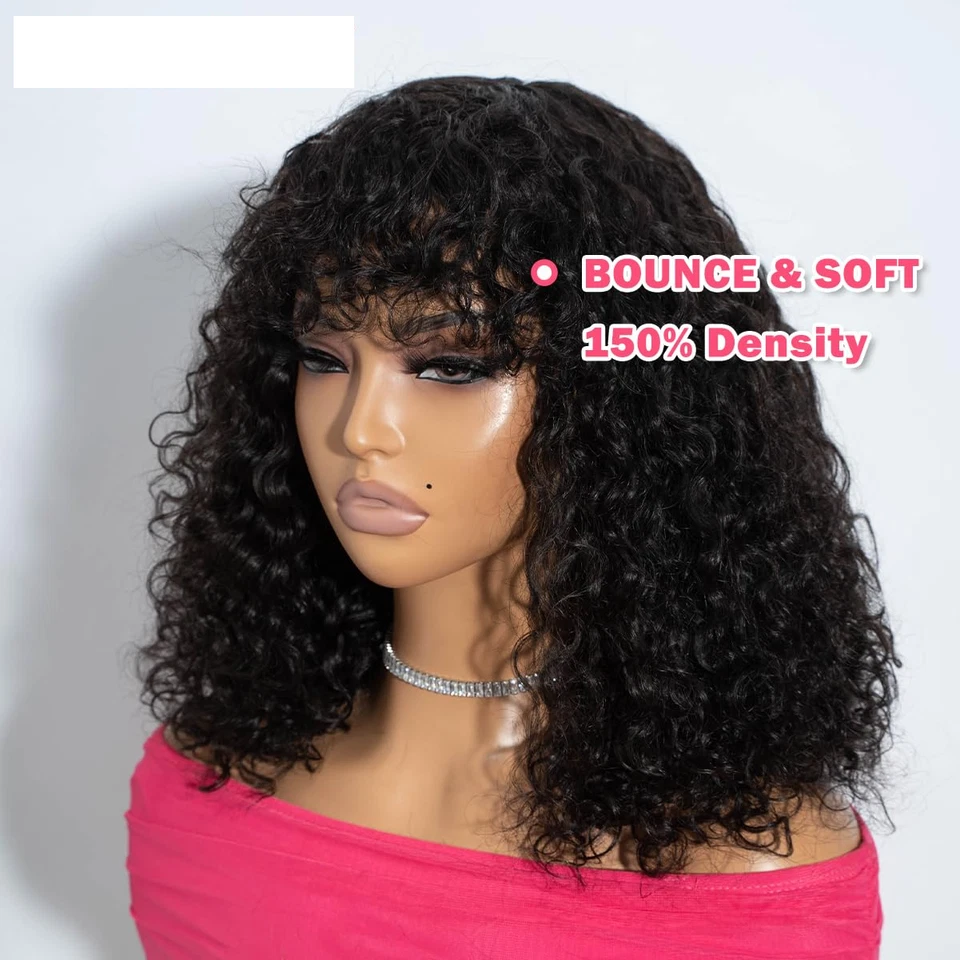 Peluca Bob Rizado 14" con Flequillo Cabello Humano Sin Pegamento Color Natural Foto 4 de 4