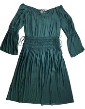 Eva Mendes Teal Off-Shoulder Dress Bell Sleeves Medium Gypsy Boho Hippie Medium