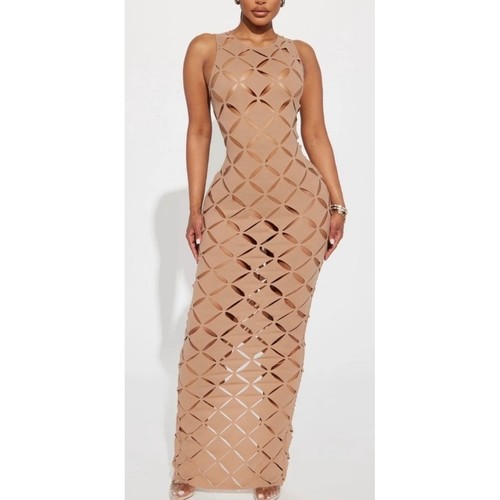 NWT Fashion Nova Twice Cut Out Maxi Dress Tan Cut Geometric Sleeveless Small