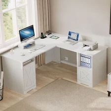 60 inch L-Shaped Executive Desk with File Cabinet Power Outlets  Computer Desk