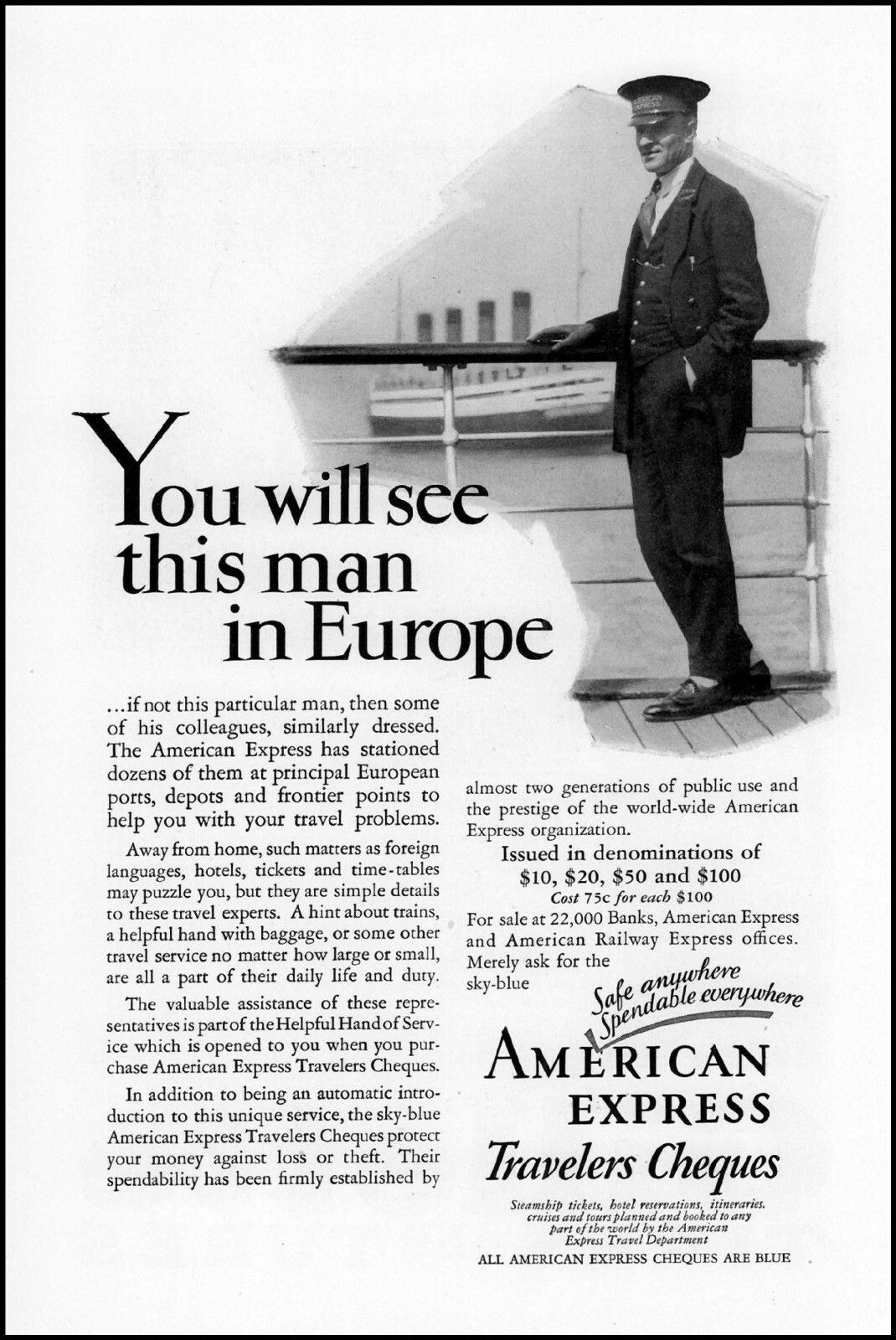 1928 Europe cruise ship American Express travelers checks photo print